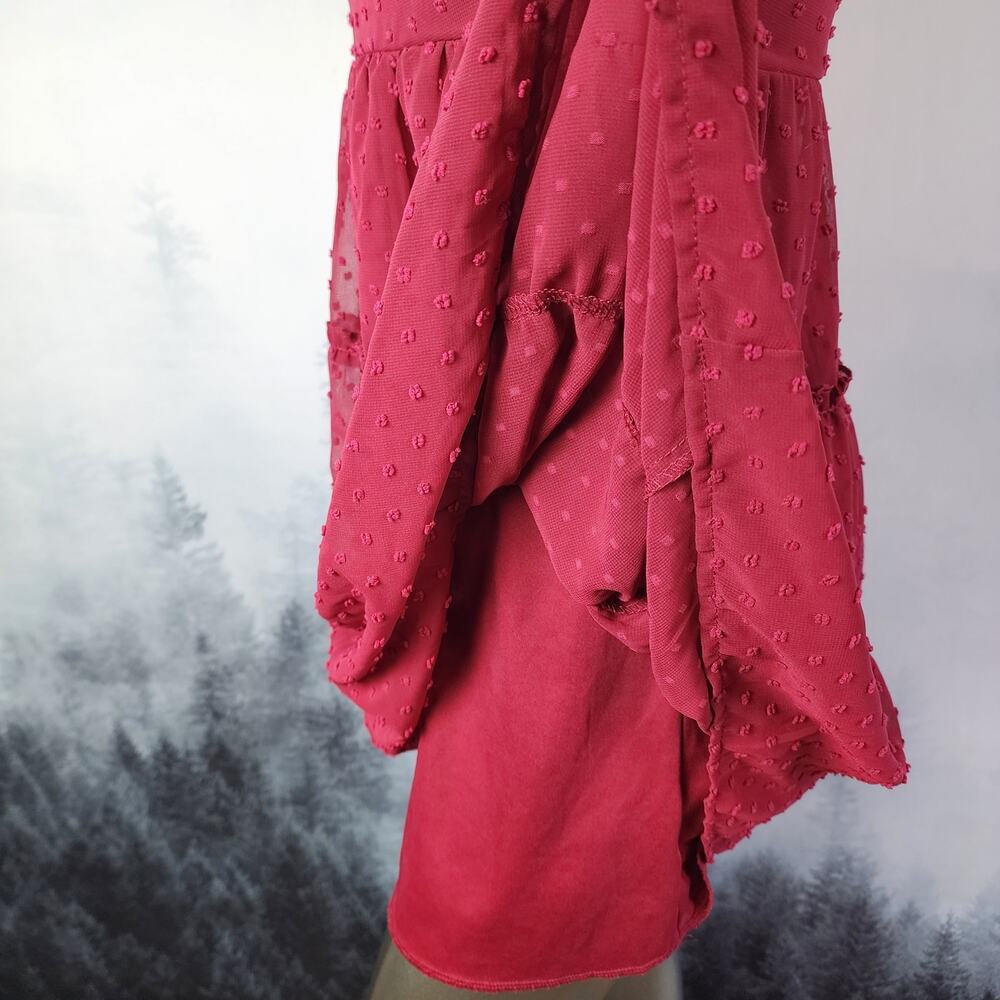 Trixxi Swiss-Dot Tiered Square Neck Pink Mini Dress | Junior's Small - Picture 8 of 14